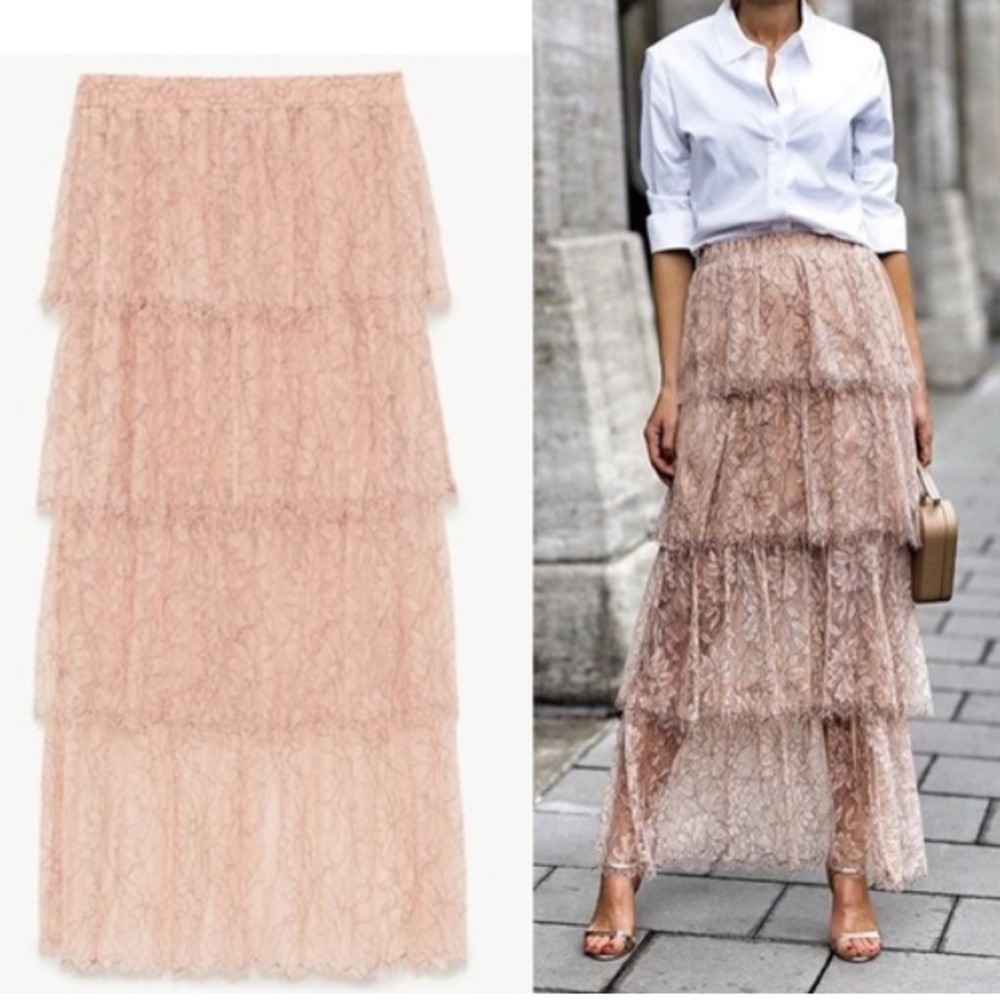 Zara Trafaluc Women S Romantic Petal Pink Lace‎ Whimsical Fairy Tiered Skirt.